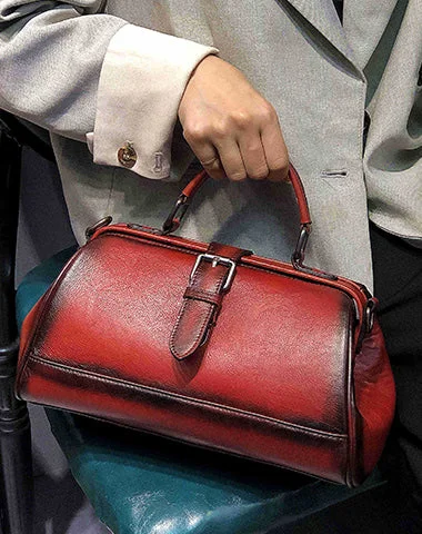 Women's shoulder bag bold accessory -Vintage Womens Red Leather Doctor Handbag Purse Handmade Doctor Shoulder Bag for Women