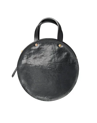 Women's shoulder bag custom stitching -Handmade Womens Black Leather Round Handbag Purses Black Round Shoulder Bag Crossbody Purse for Women