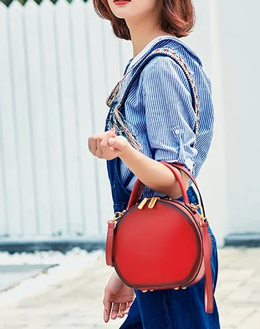 Women's handbags streetwear-cool -Cute Womens Red Leather Round Handbag Crossbody Purses Round Red Shoulder Bag for Women