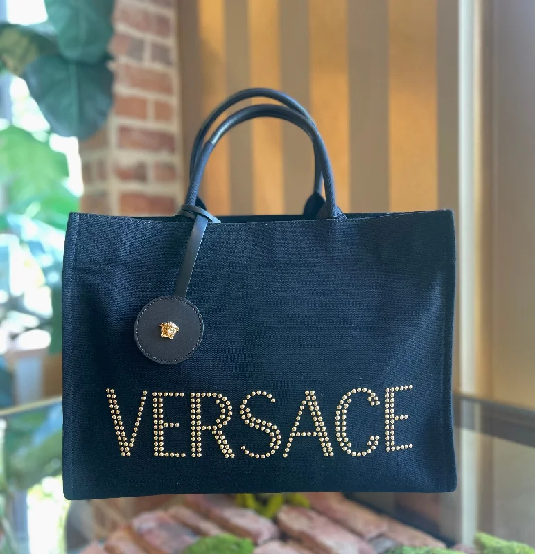 Women's tote bag pro offer -VERSACE Studded Large Black Canvas Tote TS3714