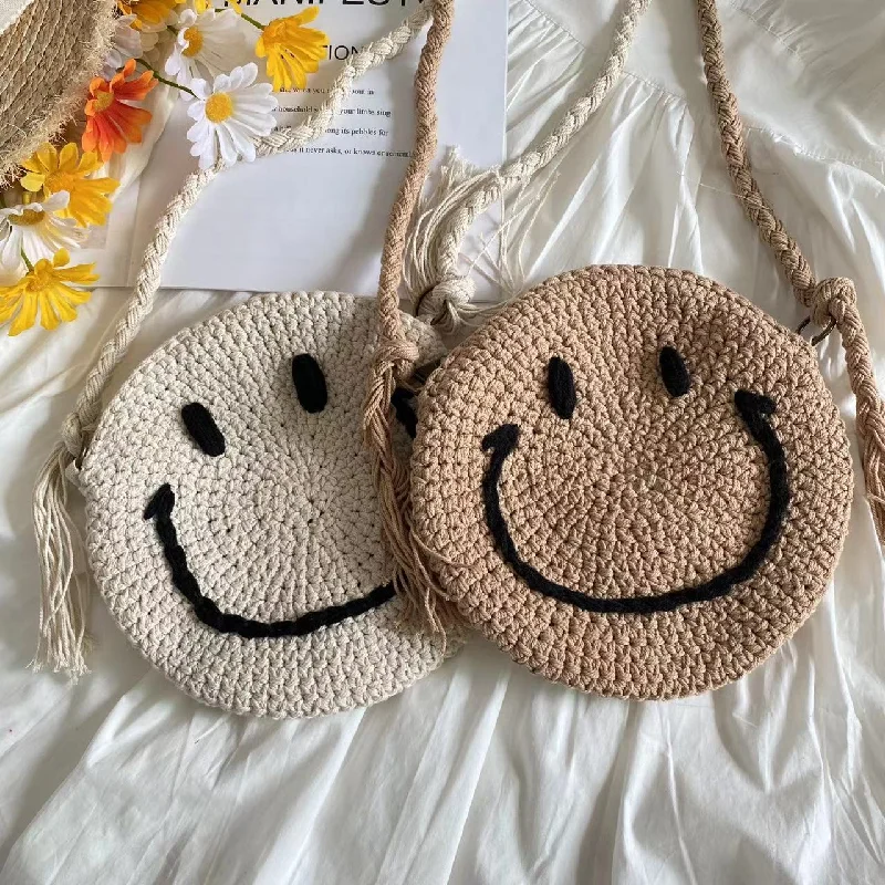 Women's handbags fashionable -Elena Handbags Crochet Smiley Face Round Bag