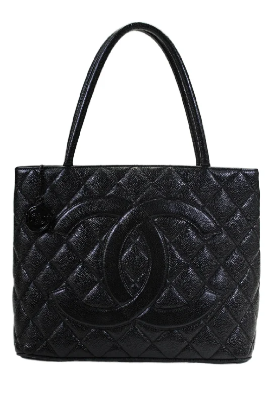 Women's tote bag affordable bundle -Chanel Womens Black Caviar Leather Quilted Medallion Tote Bag Handbag