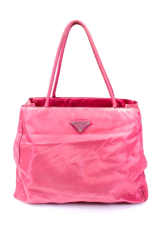 Women's tote bag low-cost option -Prada Nylon Double Handle Trapezoid Slouch Medium Tessuto City Tote Handbag Pink