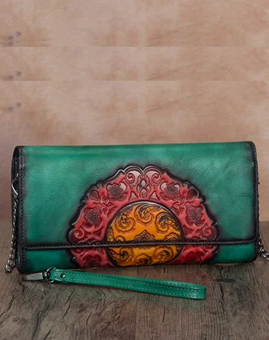 Women's shoulder bag unique piece -Vintage Floral Green Leather Wristlet Wallet Womens Floral Shoulder Wallet Purse Zip Purse Chain Shoulder Bag for Women