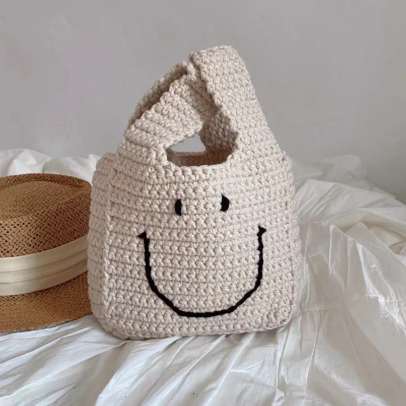 Women's handbags discount -Elena Handbags Cotton Crochet Smiley Face Bag