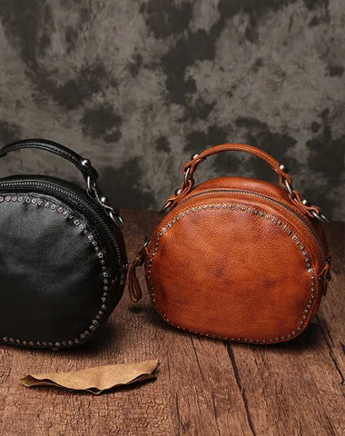 Women's shoulder bag wholesale offer -Vintage Brown Leather Womens Round Handbag Black Shoulder Circle Bag Purse For Women