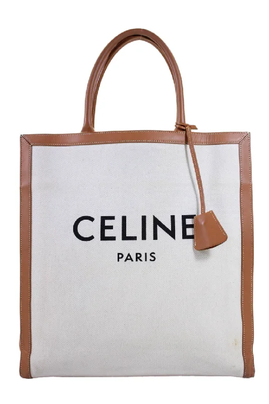 Women's tote bag tough build -Celine Womens Leather Trim Canvas Vertical Cabas Tote Handbag Brown White