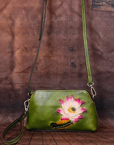 Women's shoulder bag comfort carry -Womens Lotus Flower Green Leather Wristlet Wallets Shoulder Bag Small Crossbody Bag for Women