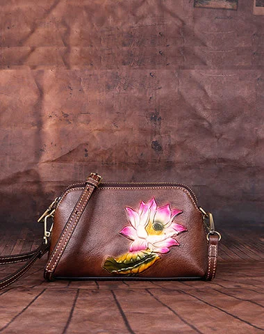 Women's shoulder bag rich tones -Womens Lotus Flower Coffee Leather Wristlet Wallets Shoulder Bag Small Crossbody Bag for Women