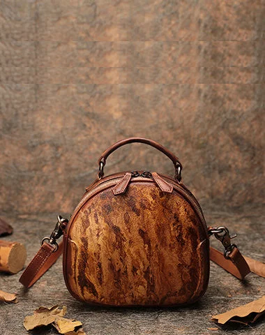 Women's shoulder bag adjustable strap -Womens Mix Brown Leather Round Handbag Purses Vintage Handmade Round Shoulder Bag Crossbody Handbag for Women