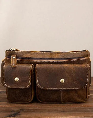 Women's bucket bags seasonal-trend -Vintage Brown Leather Men's Fanny Pack Hip Pack Brown Chest Bag Waist Bags For Men