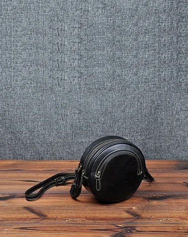 Women's handbags grey-minimal -Cute Womens Small Black Leather Round Crossbody Purse Vintage Round Black Shoulder Bag for Women