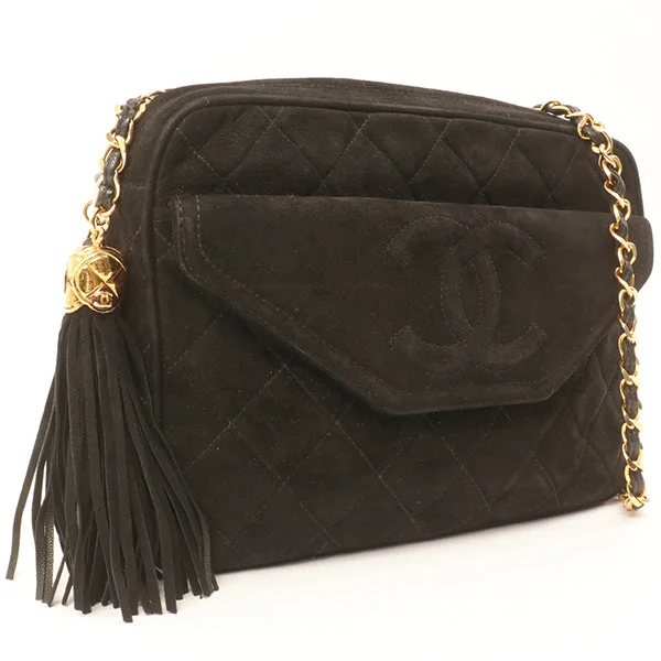 Women's chain bag sport outfit -Chanel Around 1990 Made Suede Cc Mark Stitch Fringe Chain Bag Black