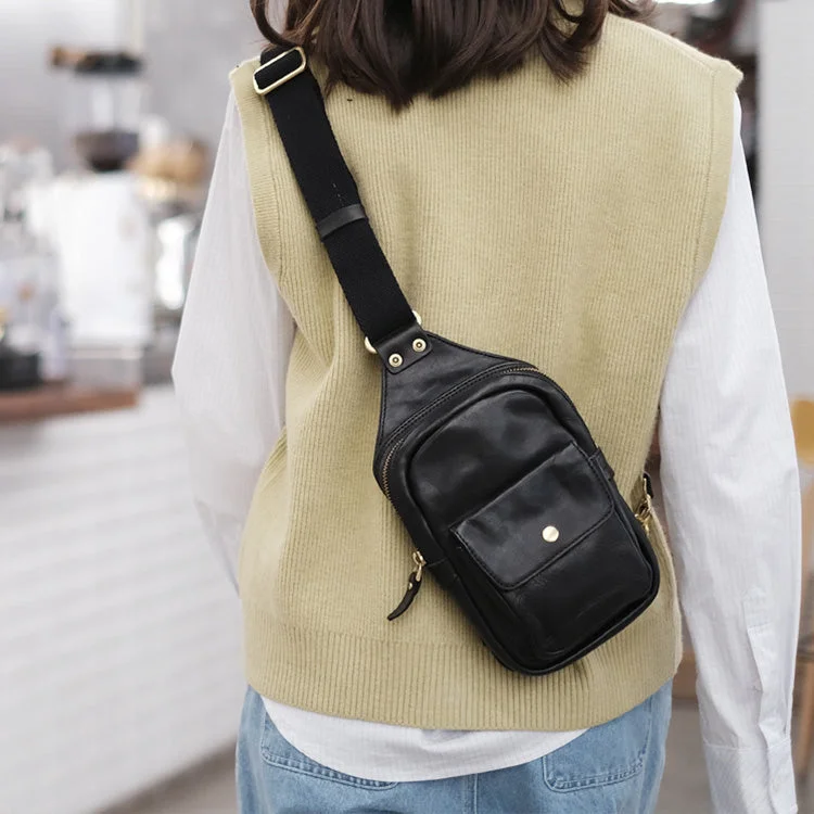 Women's bucket bags white -Cool Black Leather Chest Sling Bags For Women