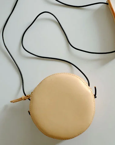 Women's shoulder bag stylish ensemble -Cute Leather Beige Womens Small Round Crossbody Purse Circle Shoulder Bag for Women