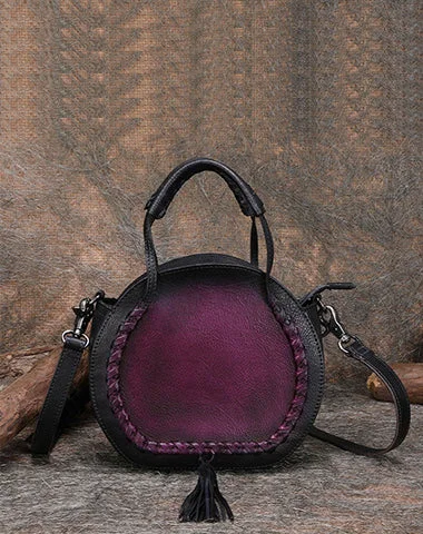 Women's shoulder bag wide strap -Womens Purple Leather Round Handbag Purses with Tassels Vintage Handmade Round Shoulder Bag Crossbody Handbag for Women