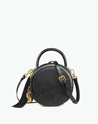 Women's handbags faux-leather-trend -Womens Black Leather Round Handbag Small Crossbody Purse Round Shoulder Bag for Women