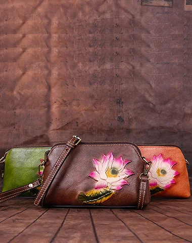 Women's shoulder bag branded charm -Womens Lotus Flower Leather Wristlet Wallets Shoulder Bag Small Crossbody Bag for Women