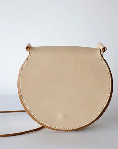 Women's shoulder bag custom ensemble -Cute Leather Beige Womens Small Round Saddle Crossbody Purse Shoulder Bag for Women