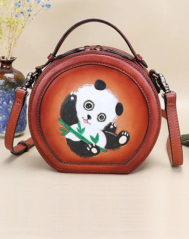 Women's handbags lined-interior -Cutest Women Coffee Leather Round Handbag Panda Crossbody Purse Vintage Round Shoulder Bags for Women